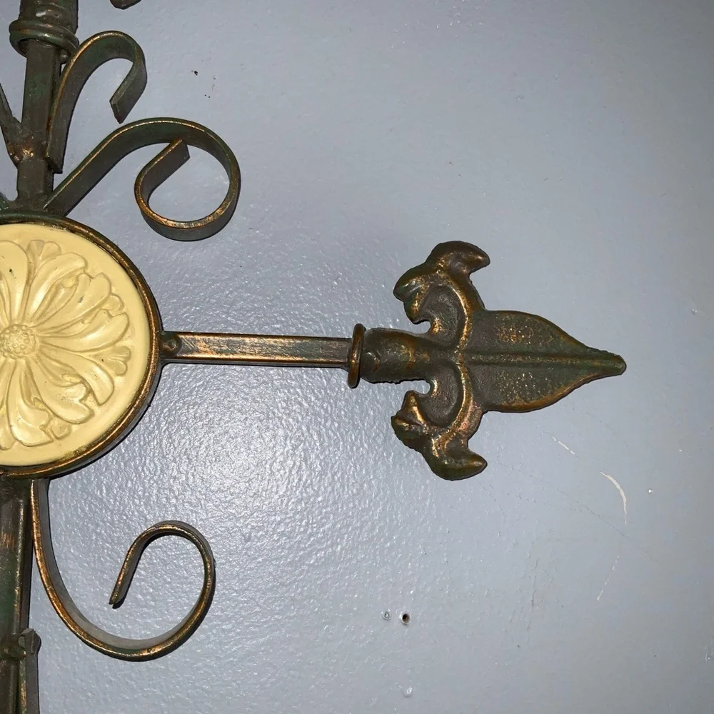 Bronze Wrought Iron Large Heavy Fleur De Lis Cross Ready To Hang 19” X 14”